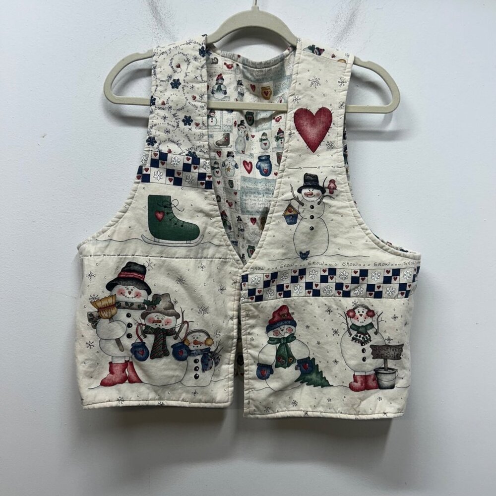 Vintage Quilted Snowman Vest With Winter Scene Print & Heart Details